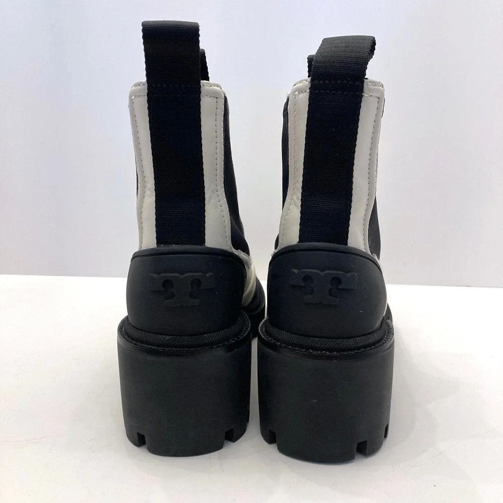 Tory Burch Lug Sole Chelsea Boots White Black Leather Womens 5‎ $428
